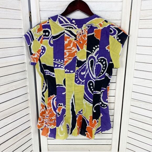 Sequel Abstract Paisley Tie Neck Panel Button Front Shirt Purple Multi 8 - Picture 9 of 12